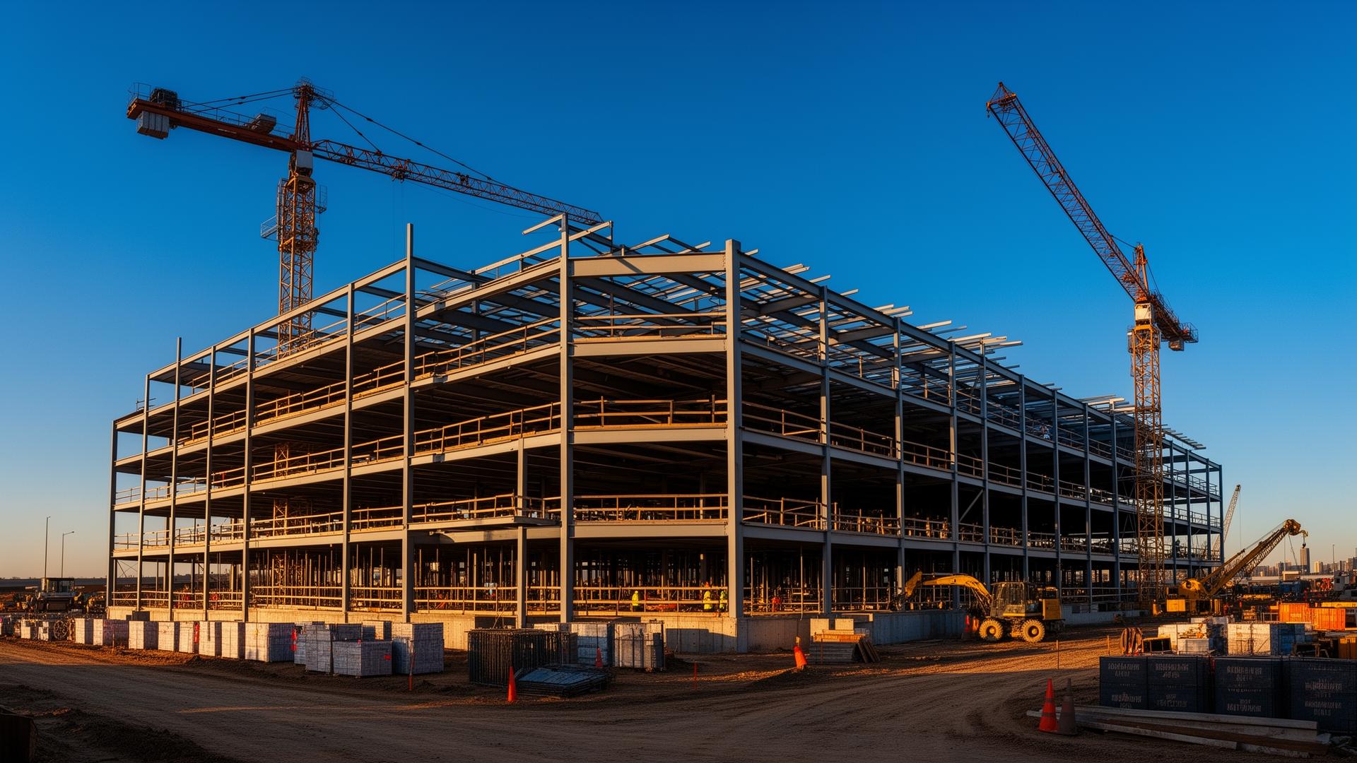 Steel-frame commercial building under construction at golden hour